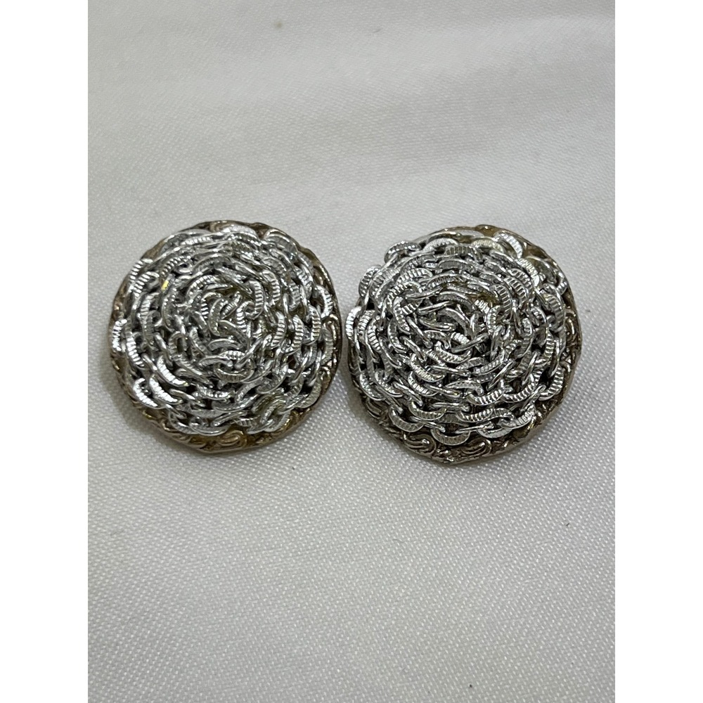 Vintage Silver Tone Woven Chain Dome Clip On Earrings Textured Rose Statement